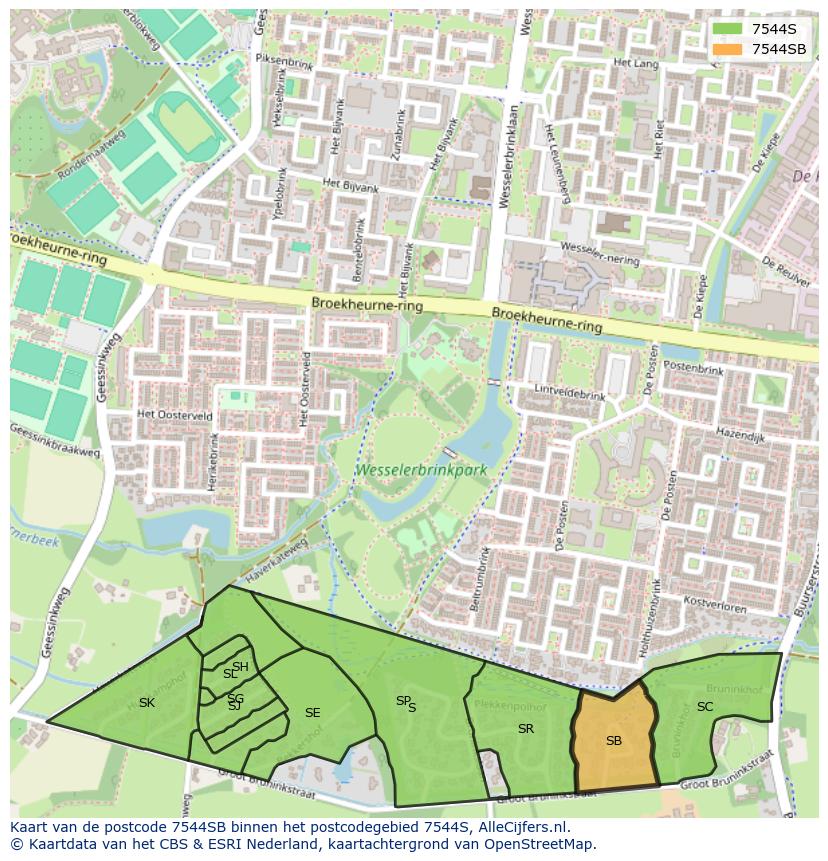 Afbeelding van het postcodegebied 7544 SB op de kaart.