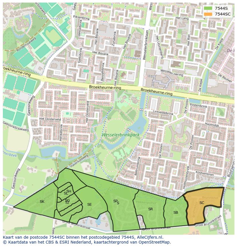 Afbeelding van het postcodegebied 7544 SC op de kaart.