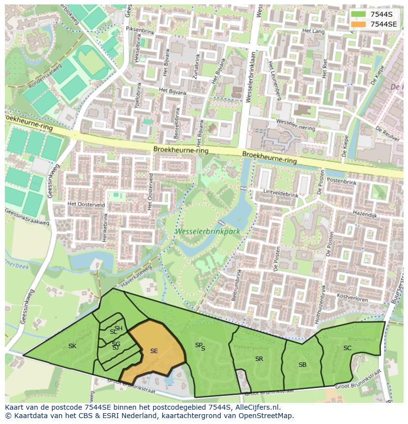 Afbeelding van het postcodegebied 7544 SE op de kaart.
