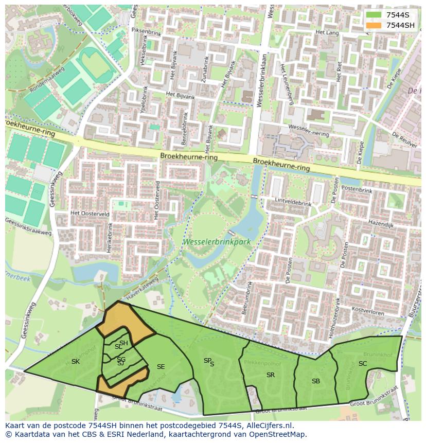 Afbeelding van het postcodegebied 7544 SH op de kaart.