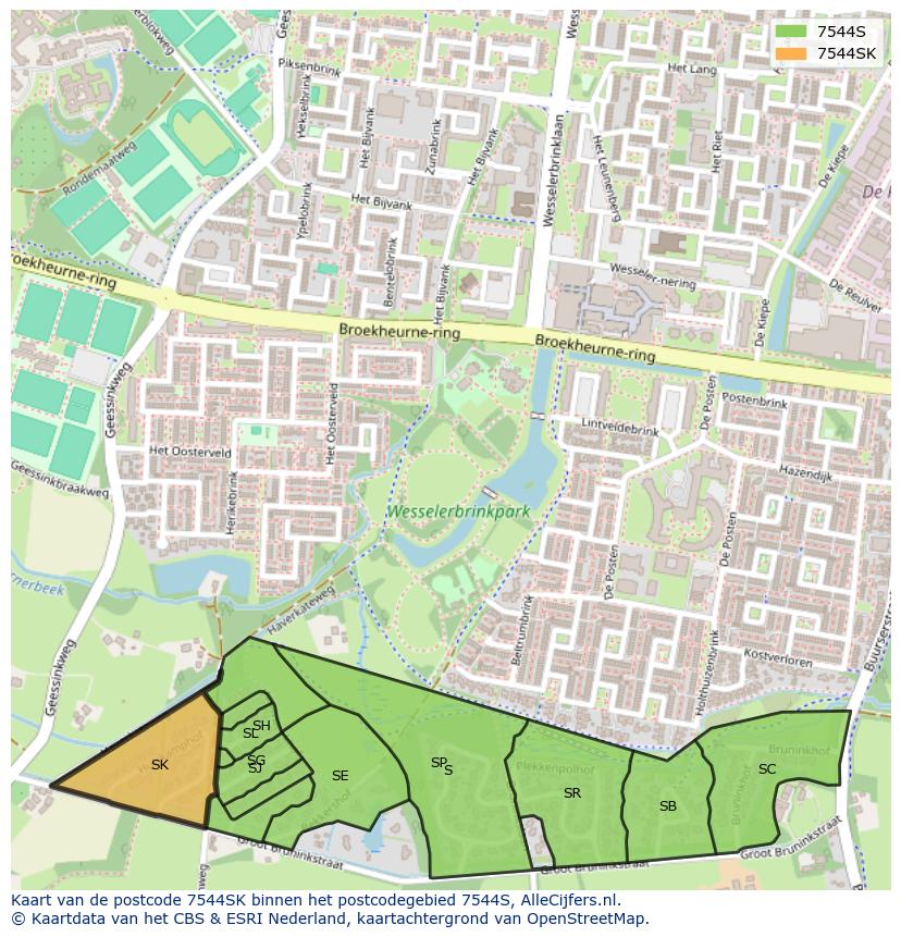 Afbeelding van het postcodegebied 7544 SK op de kaart.