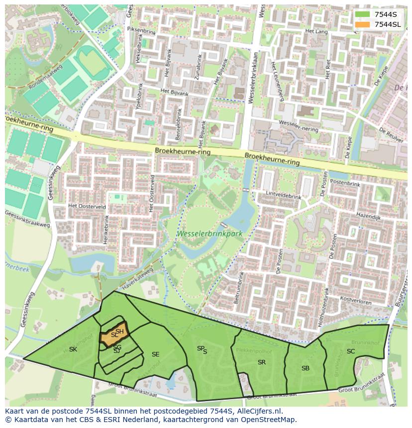 Afbeelding van het postcodegebied 7544 SL op de kaart.