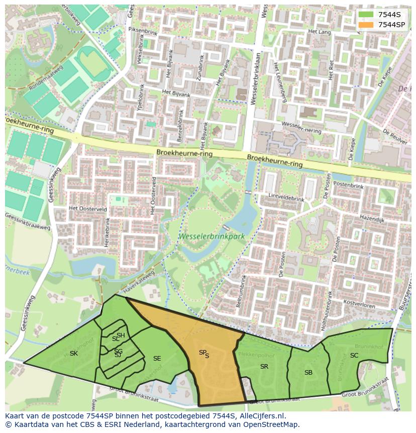 Afbeelding van het postcodegebied 7544 SP op de kaart.