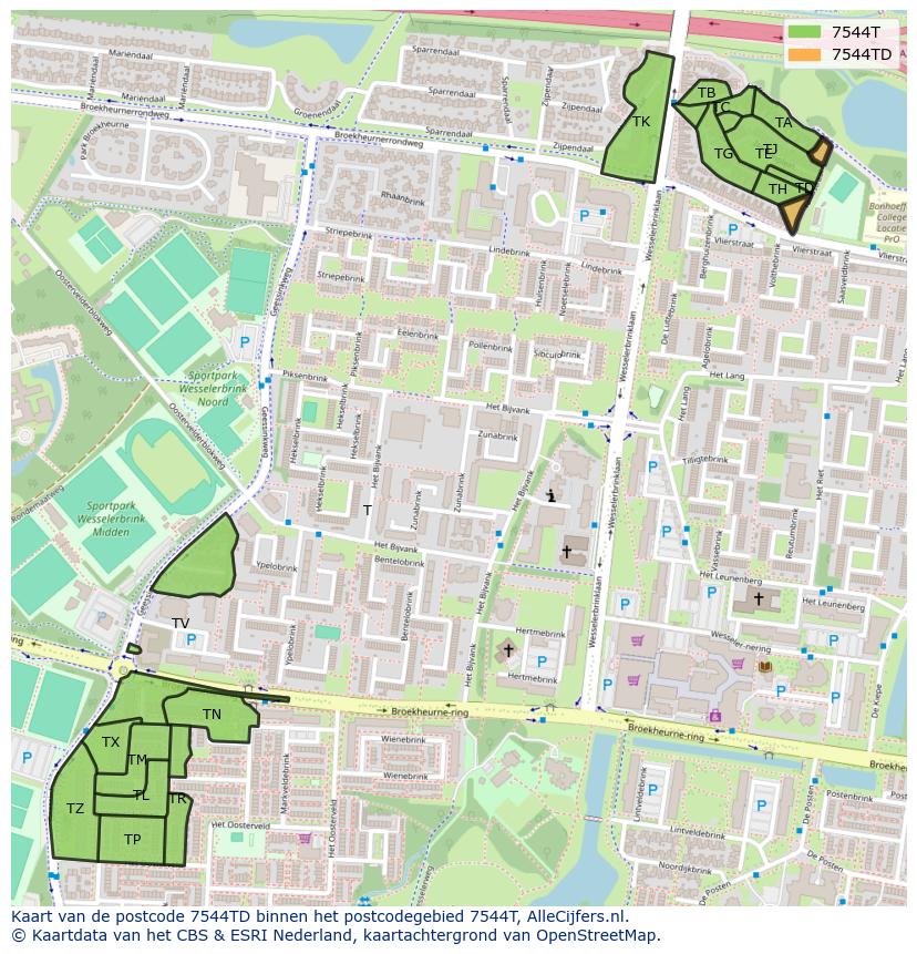 Afbeelding van het postcodegebied 7544 TD op de kaart.