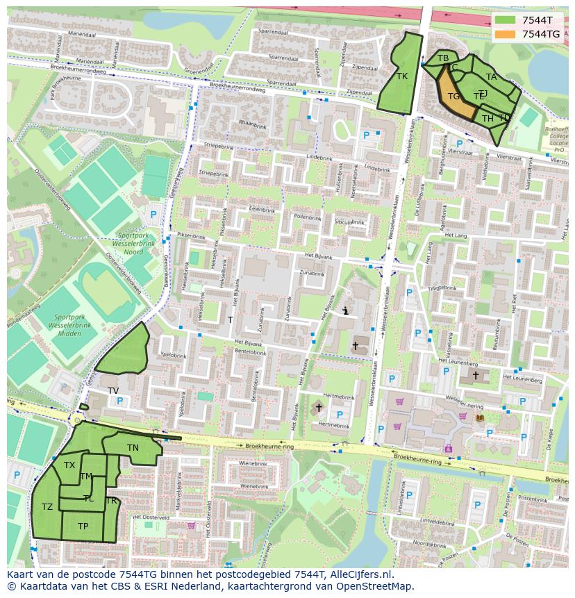 Afbeelding van het postcodegebied 7544 TG op de kaart.