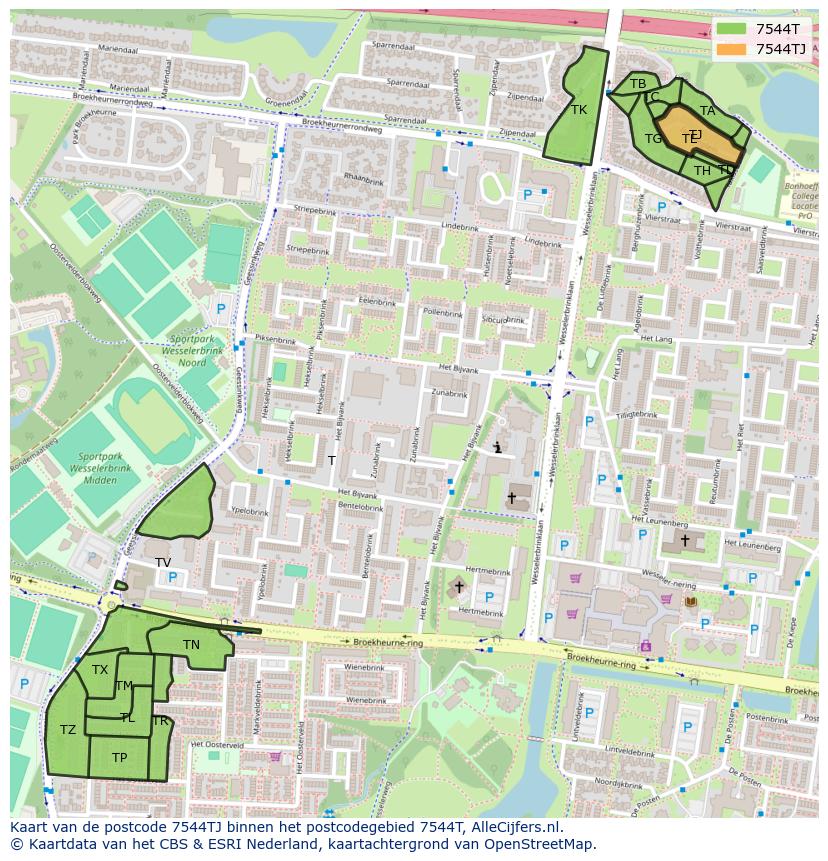 Afbeelding van het postcodegebied 7544 TJ op de kaart.