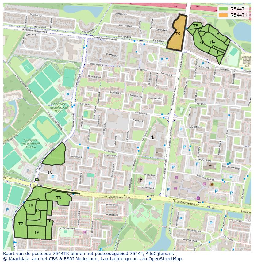 Afbeelding van het postcodegebied 7544 TK op de kaart.