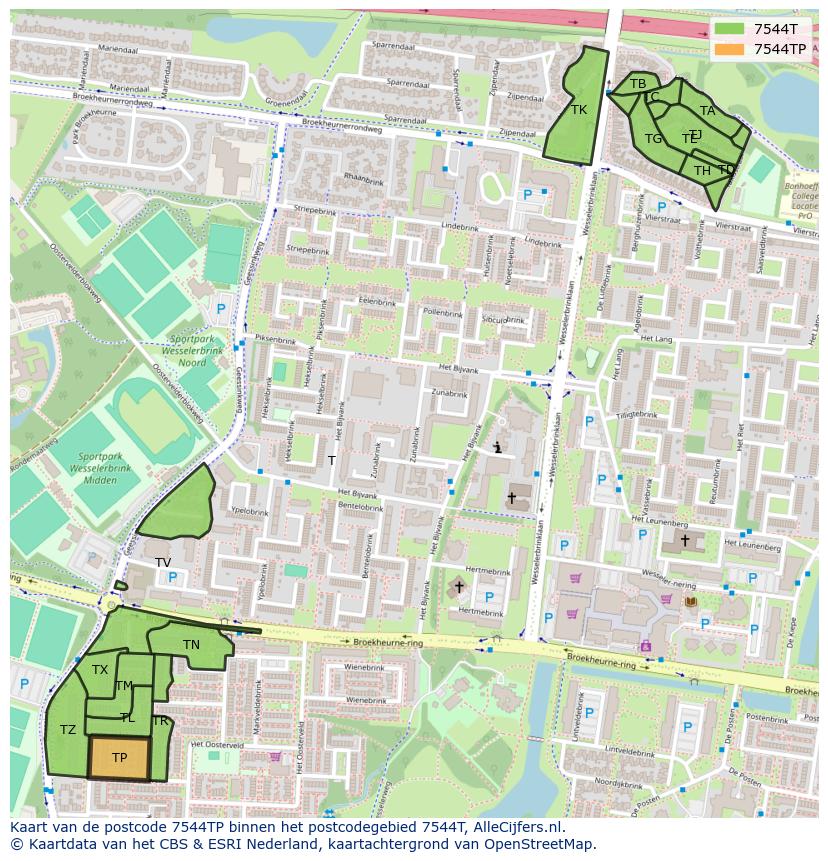 Afbeelding van het postcodegebied 7544 TP op de kaart.
