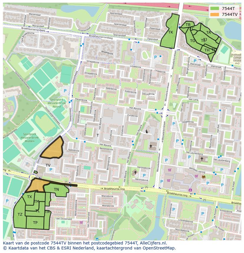 Afbeelding van het postcodegebied 7544 TV op de kaart.
