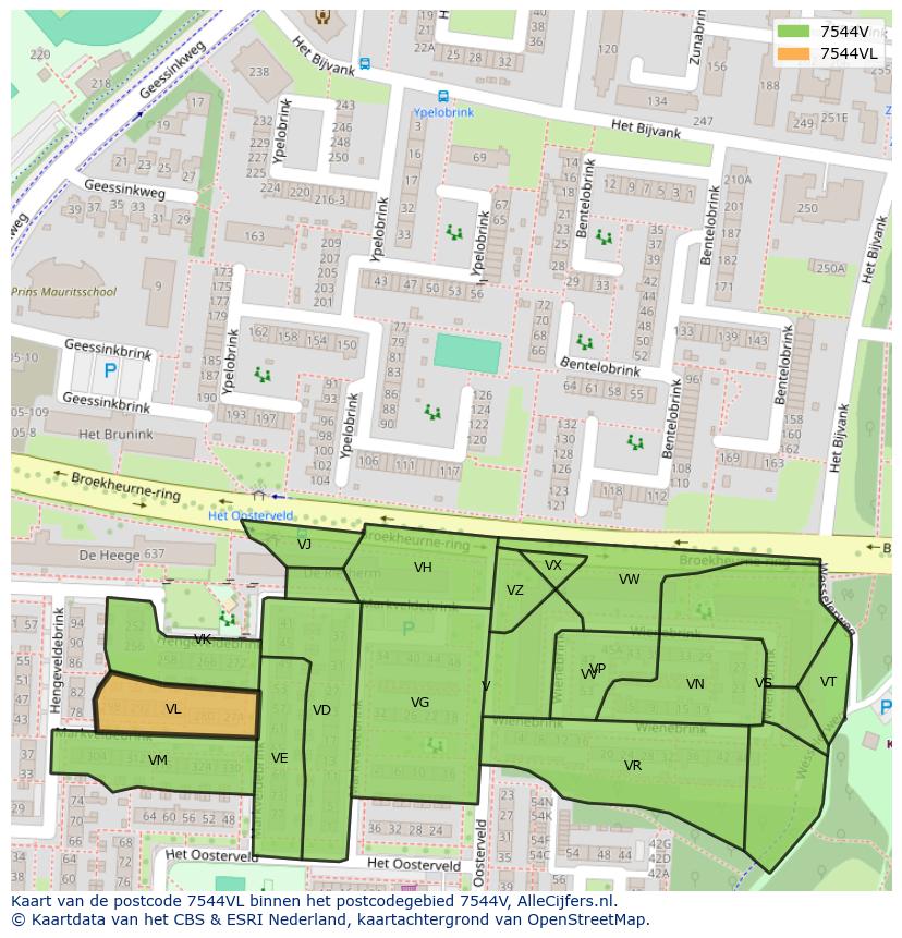 Afbeelding van het postcodegebied 7544 VL op de kaart.