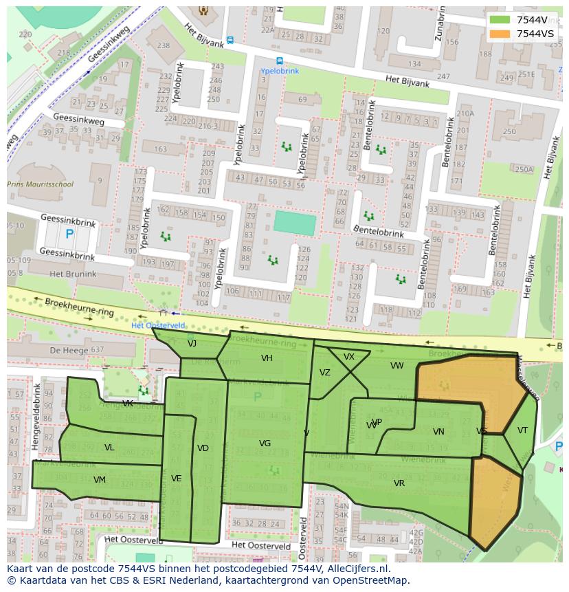 Afbeelding van het postcodegebied 7544 VS op de kaart.