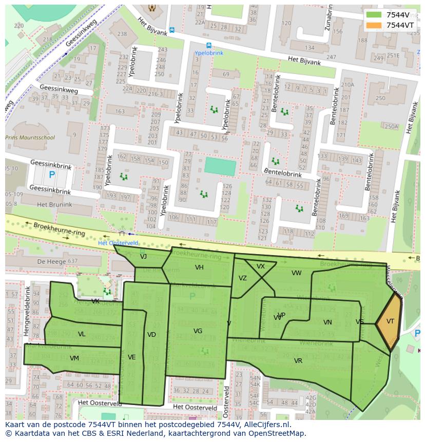 Afbeelding van het postcodegebied 7544 VT op de kaart.
