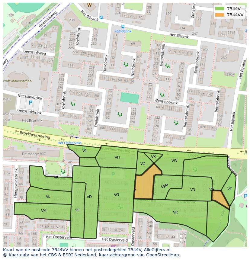 Afbeelding van het postcodegebied 7544 VV op de kaart.