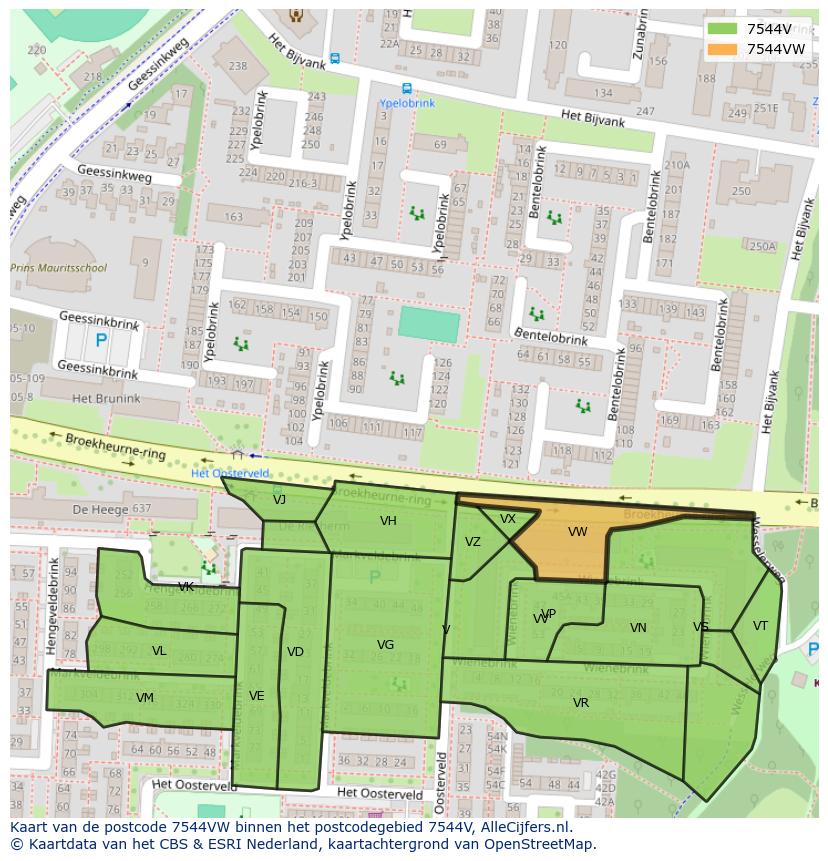 Afbeelding van het postcodegebied 7544 VW op de kaart.