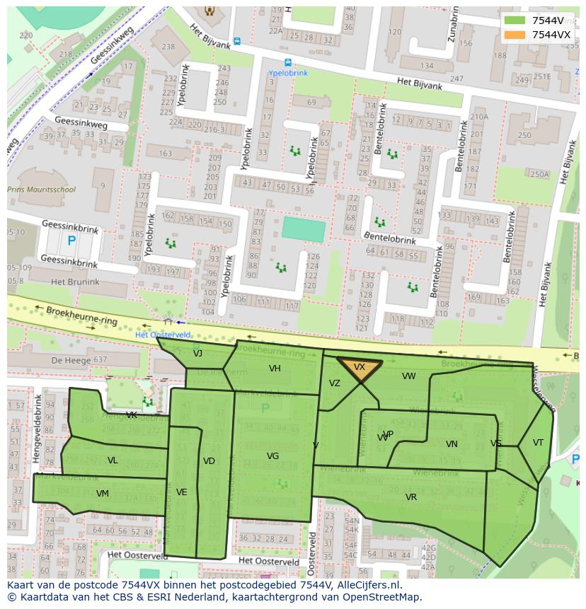 Afbeelding van het postcodegebied 7544 VX op de kaart.