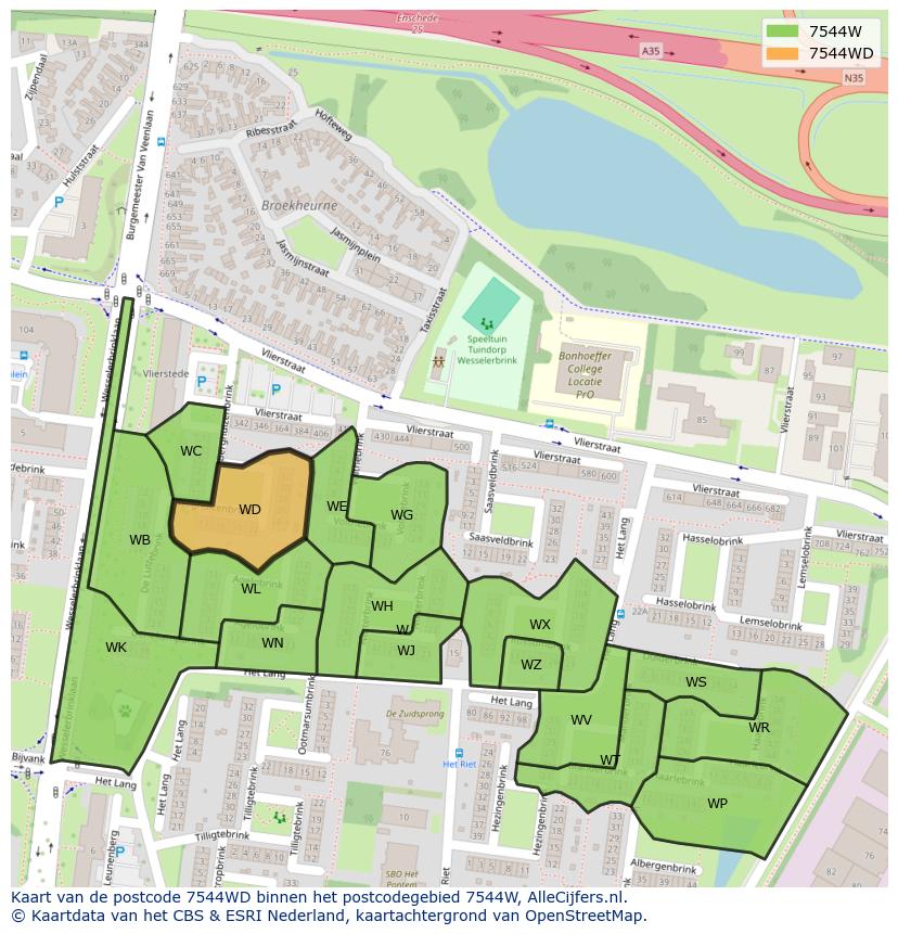 Afbeelding van het postcodegebied 7544 WD op de kaart.