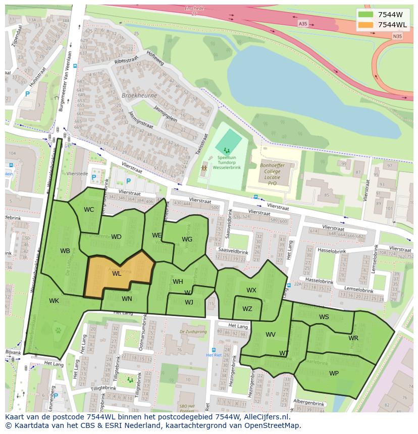 Afbeelding van het postcodegebied 7544 WL op de kaart.