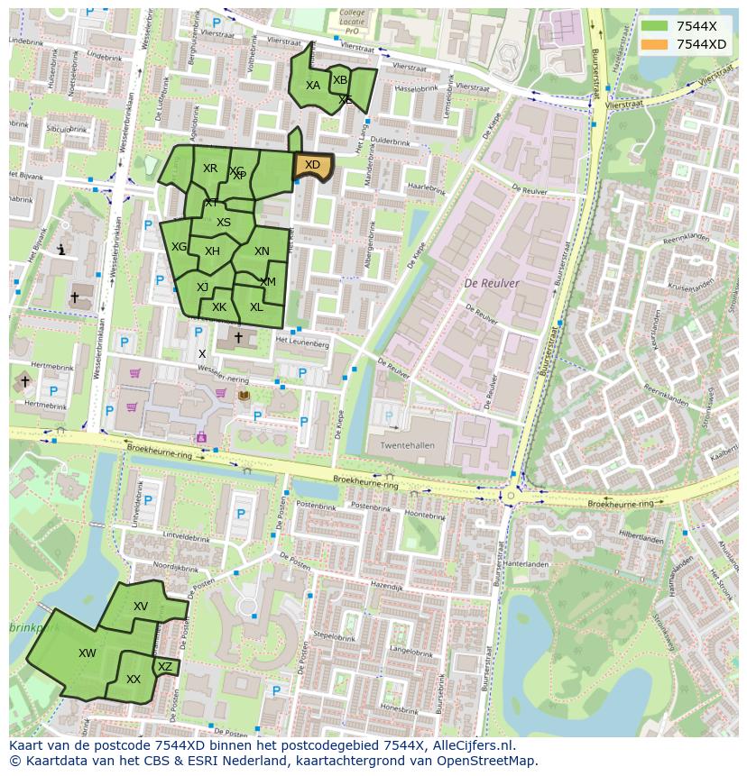 Afbeelding van het postcodegebied 7544 XD op de kaart.