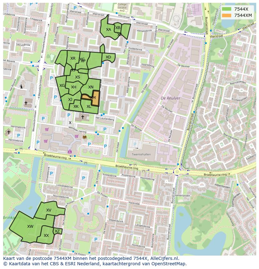 Afbeelding van het postcodegebied 7544 XM op de kaart.