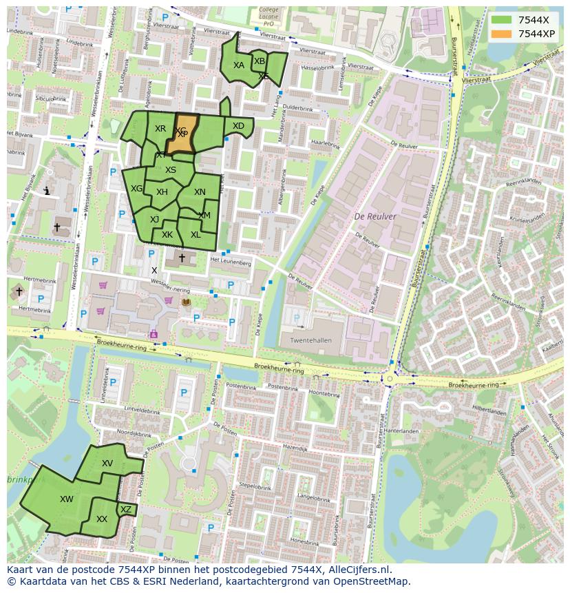 Afbeelding van het postcodegebied 7544 XP op de kaart.
