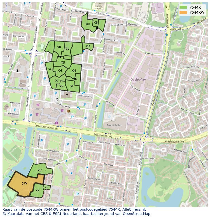 Afbeelding van het postcodegebied 7544 XW op de kaart.
