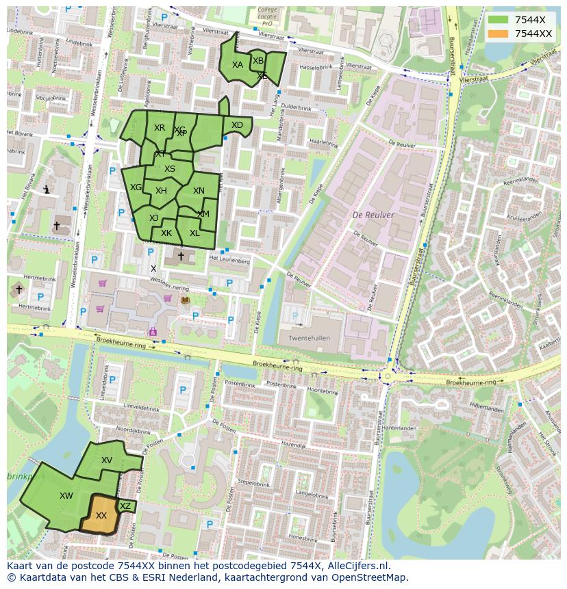 Afbeelding van het postcodegebied 7544 XX op de kaart.