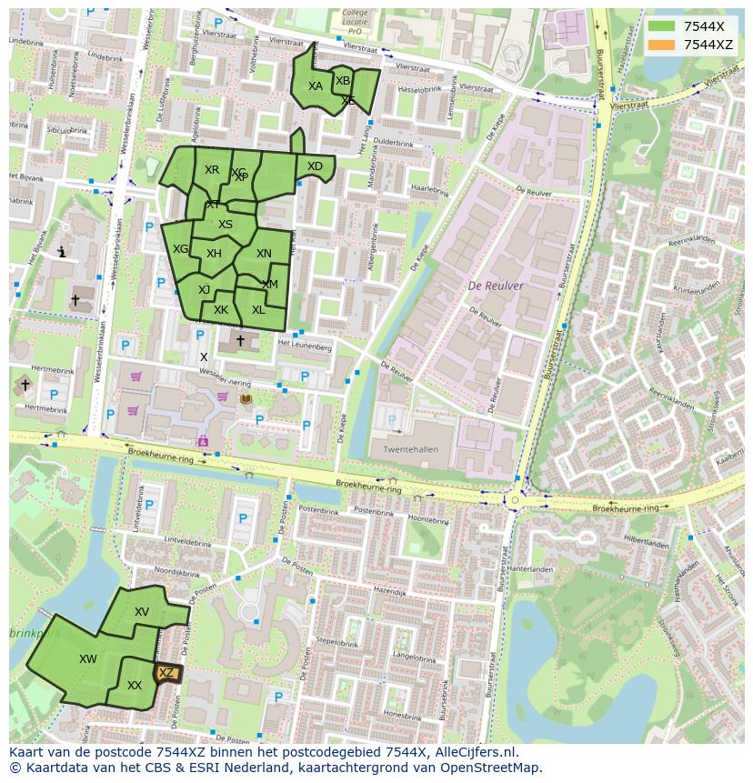 Afbeelding van het postcodegebied 7544 XZ op de kaart.