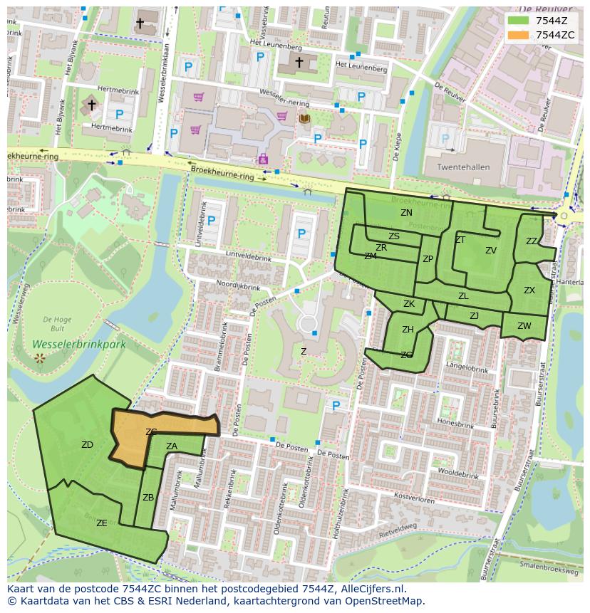 Afbeelding van het postcodegebied 7544 ZC op de kaart.