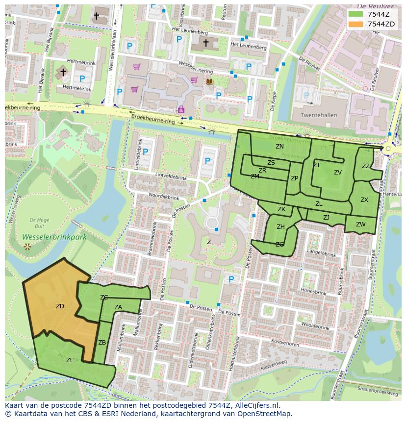 Afbeelding van het postcodegebied 7544 ZD op de kaart.
