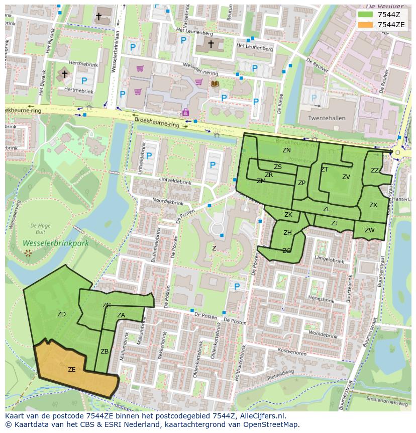 Afbeelding van het postcodegebied 7544 ZE op de kaart.