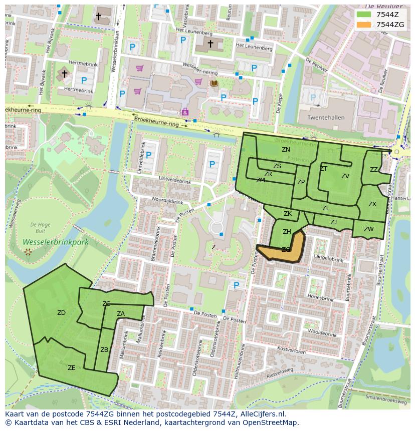 Afbeelding van het postcodegebied 7544 ZG op de kaart.