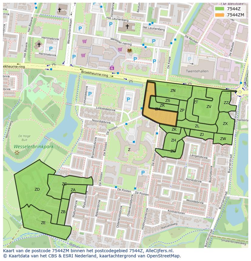 Afbeelding van het postcodegebied 7544 ZM op de kaart.