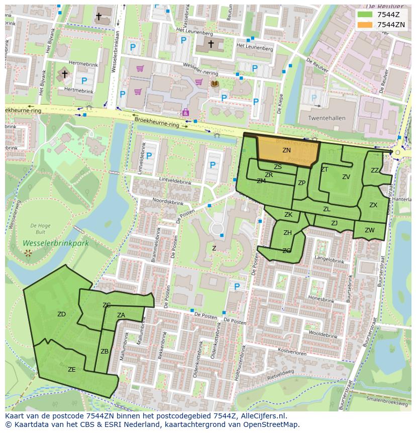 Afbeelding van het postcodegebied 7544 ZN op de kaart.