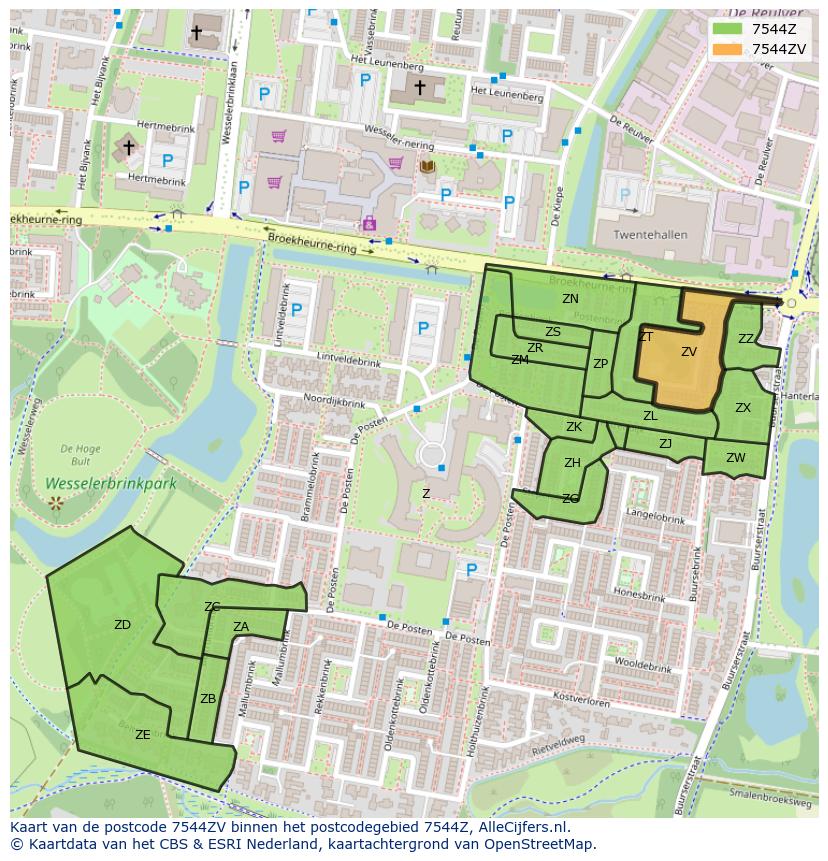 Afbeelding van het postcodegebied 7544 ZV op de kaart.