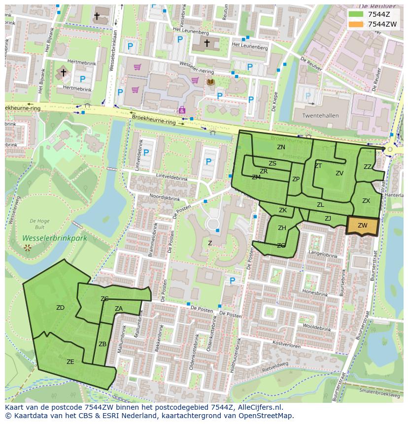 Afbeelding van het postcodegebied 7544 ZW op de kaart.