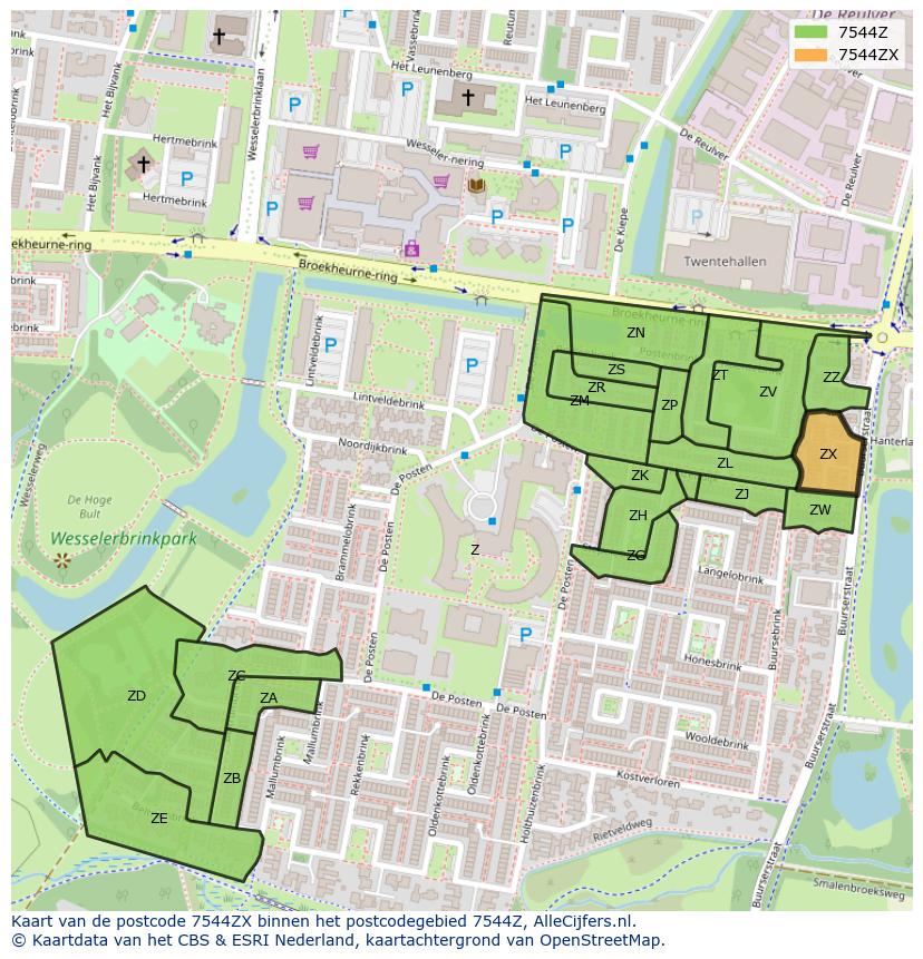 Afbeelding van het postcodegebied 7544 ZX op de kaart.
