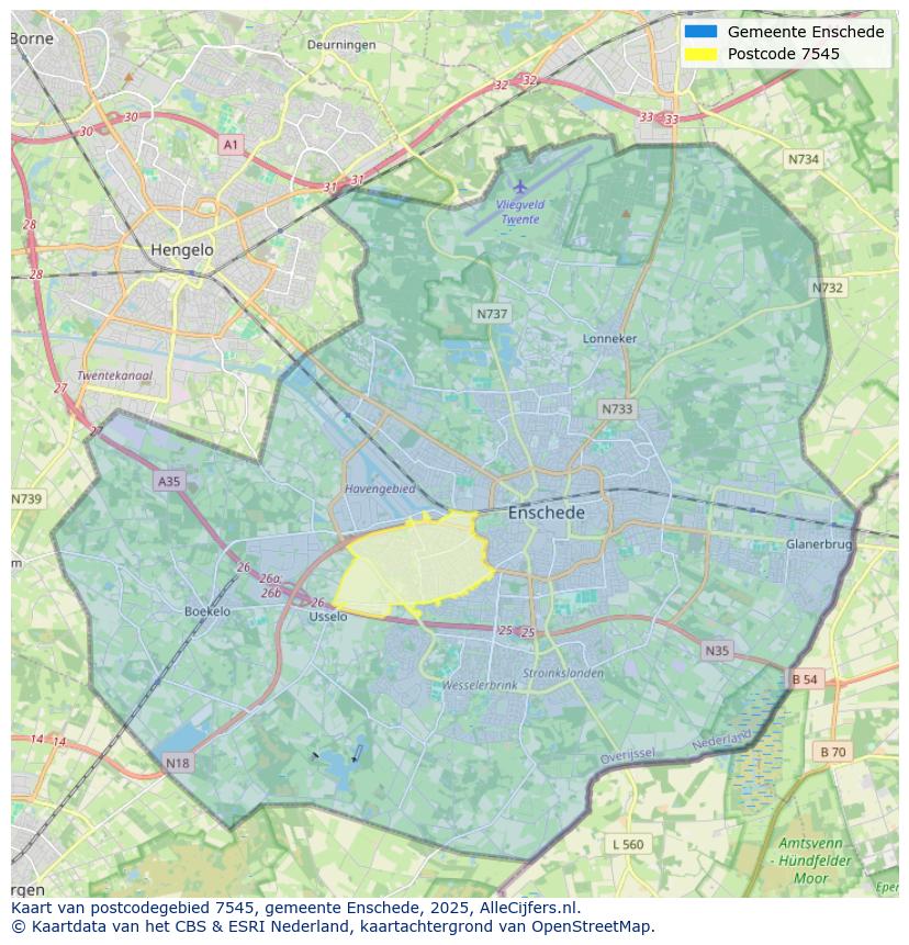 Afbeelding van het postcodegebied 7545 op de kaart.