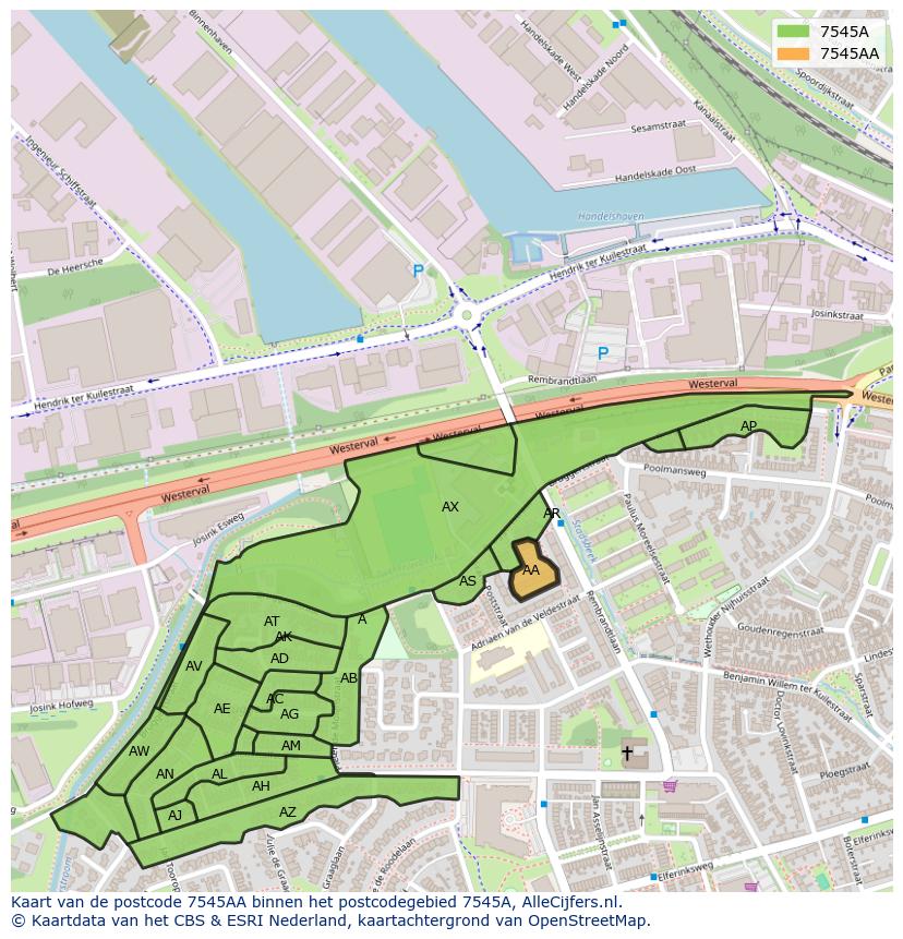 Afbeelding van het postcodegebied 7545 AA op de kaart.