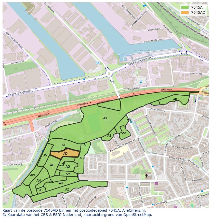 Afbeelding van het postcodegebied 7545 AD op de kaart.