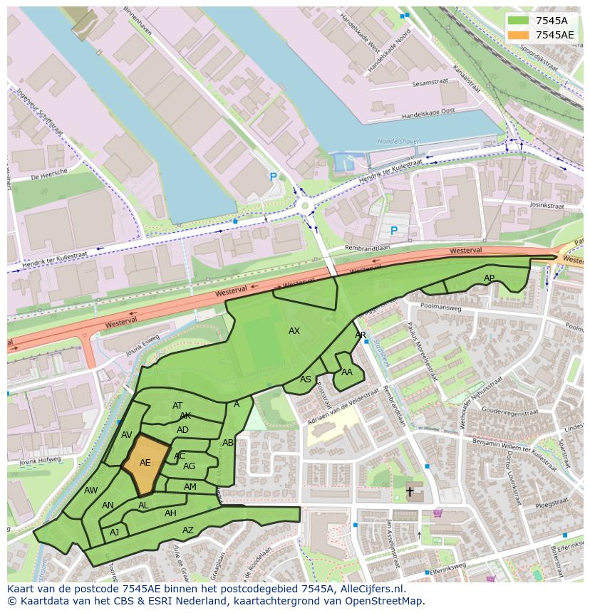 Afbeelding van het postcodegebied 7545 AE op de kaart.
