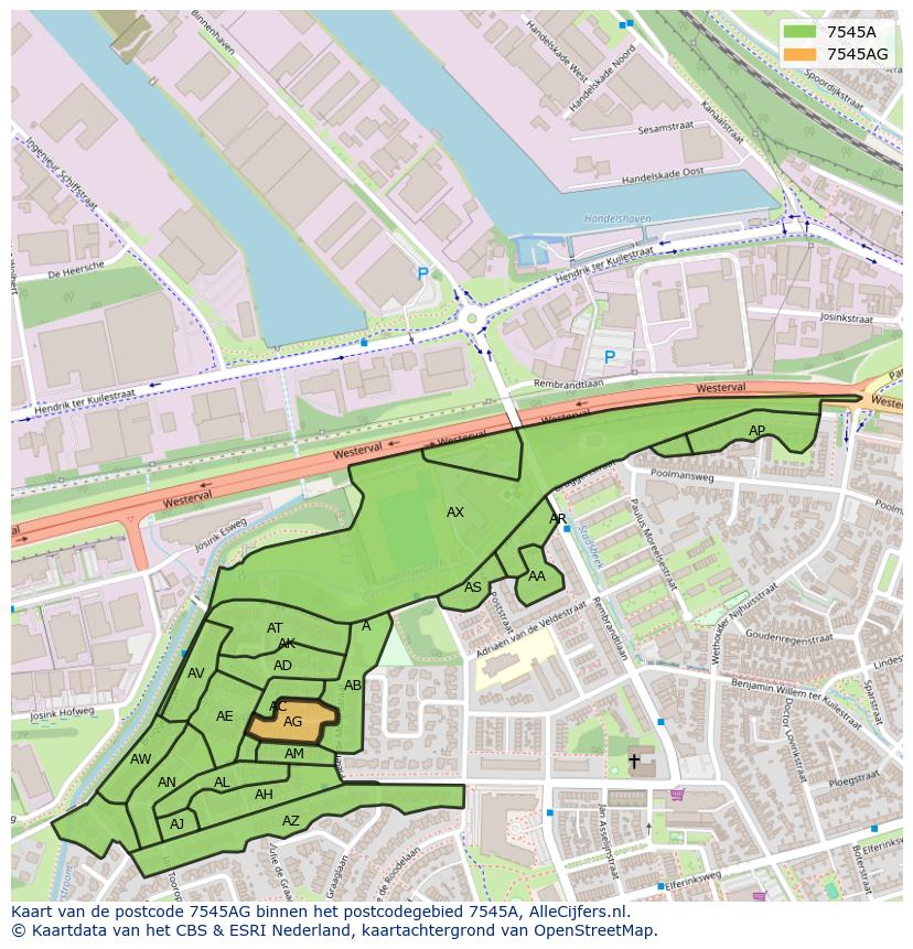 Afbeelding van het postcodegebied 7545 AG op de kaart.