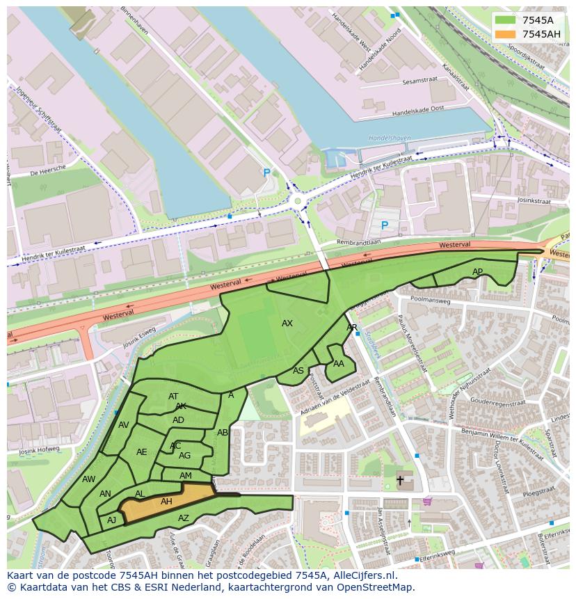Afbeelding van het postcodegebied 7545 AH op de kaart.