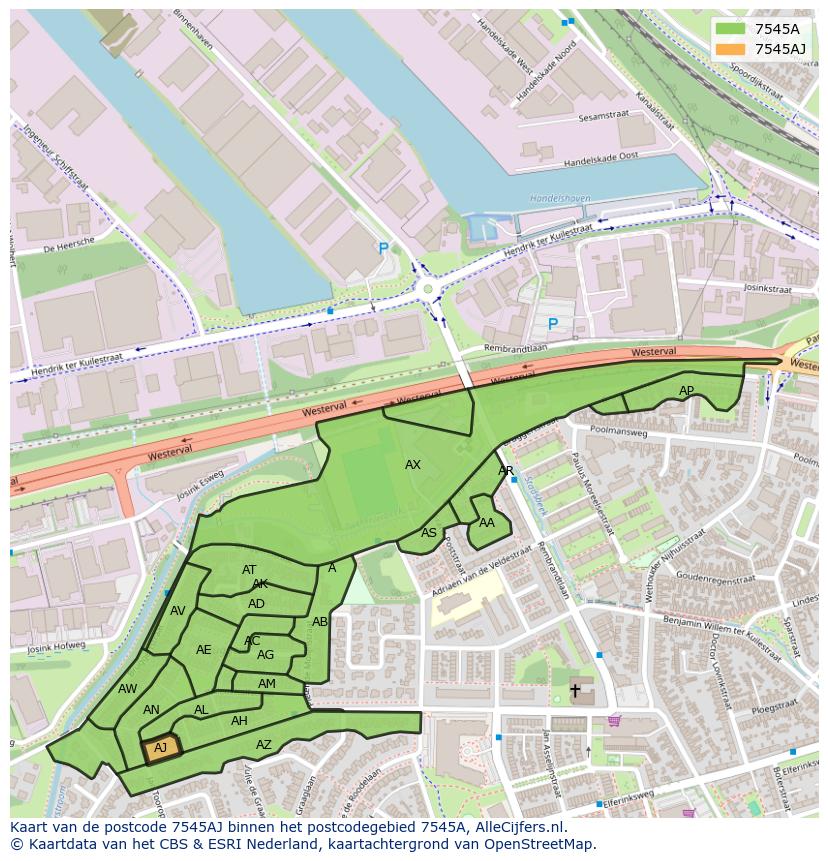 Afbeelding van het postcodegebied 7545 AJ op de kaart.