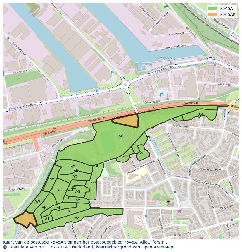 Afbeelding van het postcodegebied 7545 AK op de kaart.