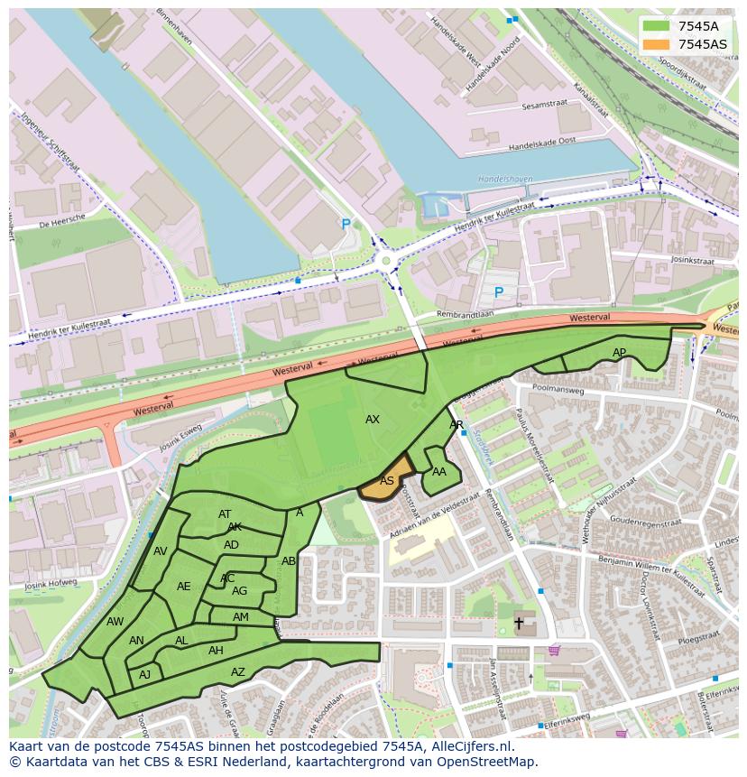 Afbeelding van het postcodegebied 7545 AS op de kaart.