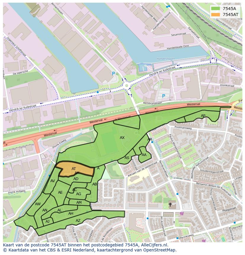 Afbeelding van het postcodegebied 7545 AT op de kaart.