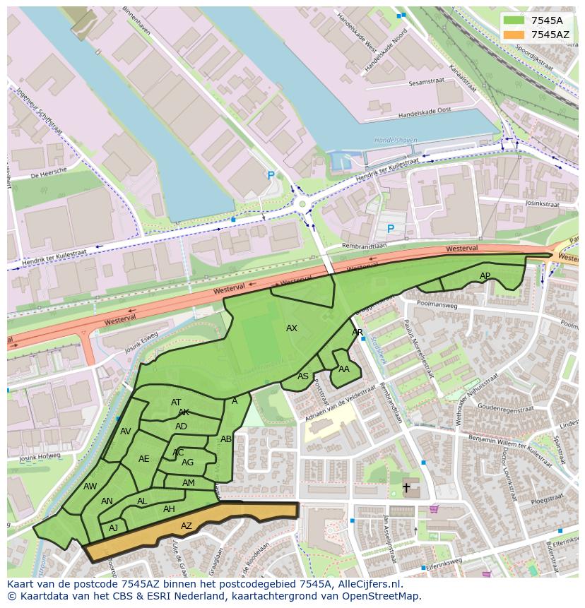 Afbeelding van het postcodegebied 7545 AZ op de kaart.
