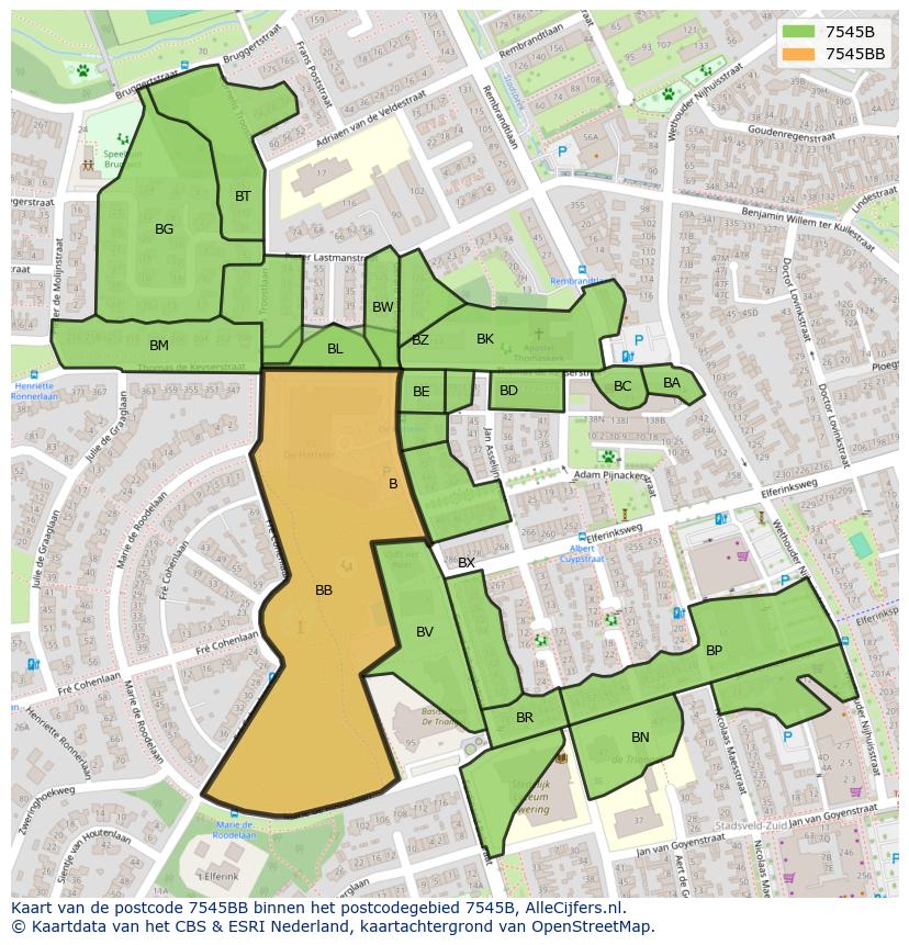 Afbeelding van het postcodegebied 7545 BB op de kaart.