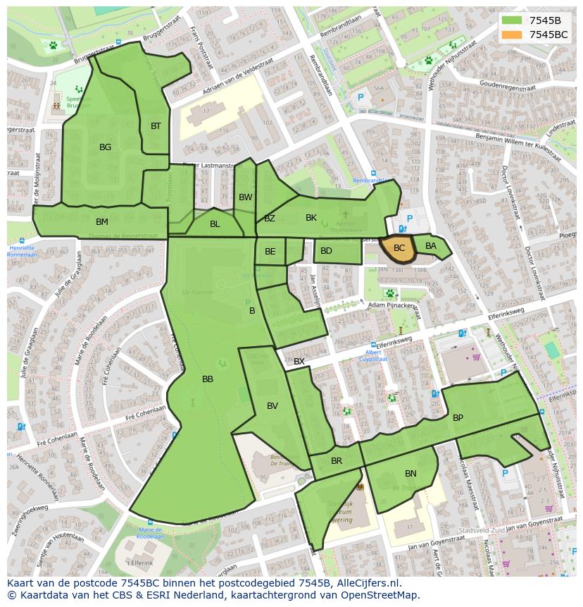Afbeelding van het postcodegebied 7545 BC op de kaart.