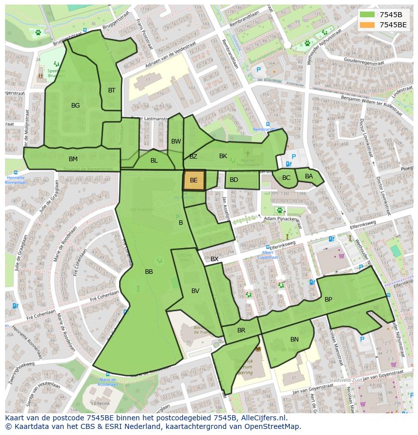 Afbeelding van het postcodegebied 7545 BE op de kaart.